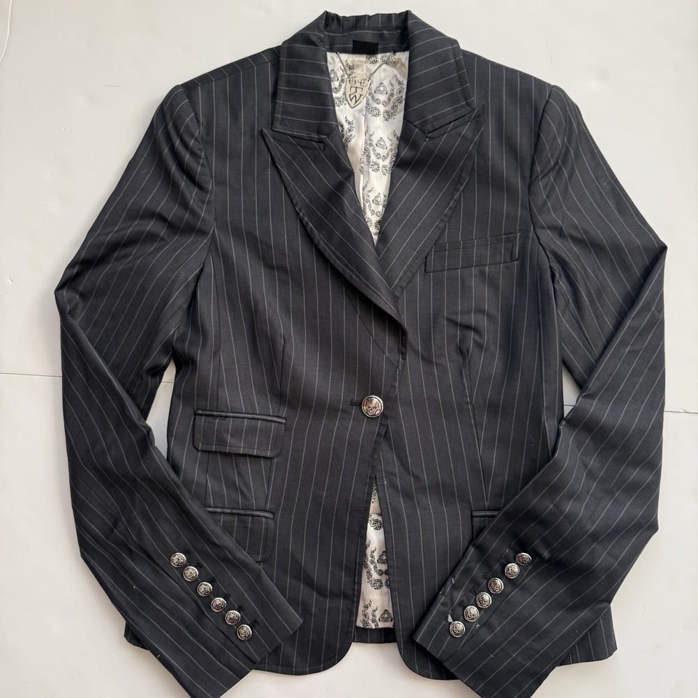 Y2K Womens Goth Biker Skull Wool Blazer Rhinestone Back Silk Lined Size 6 Ornate